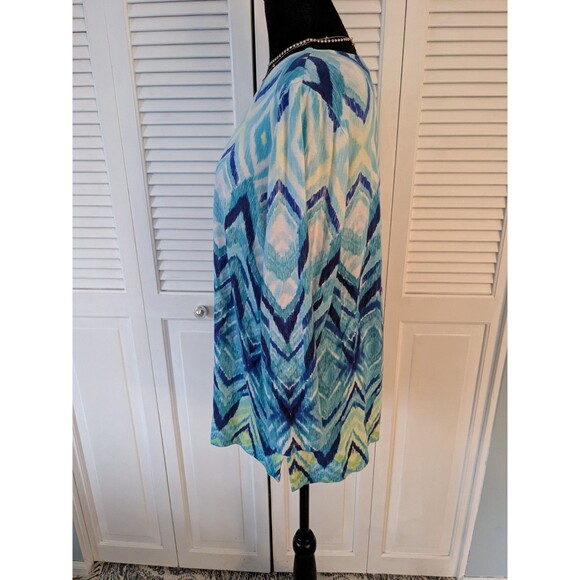Chicos Top Womens sz L/2 Blue Aqua Zigzag Stripe Blouse 3/4 Sleeve Stretch Beach - Picture 5 of 10